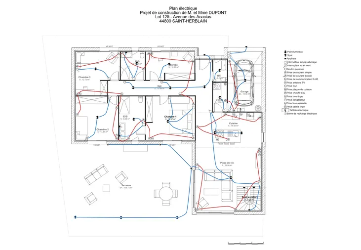Plan électrique d'une maison en L réalisé avec Cedreo