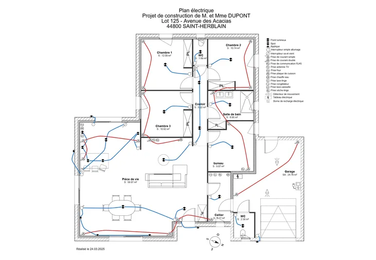 Plan électrique d'une maison de plain pied avec des couleurs différentes selon les circuits réalisé avec Cedreo