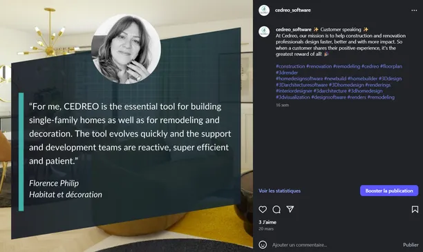 Testimonials post example from Cedreo insta account