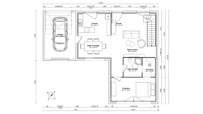 Plan 2D d'un rez de chaussé avec composition des murs et symboles réalisé avec Cedreo