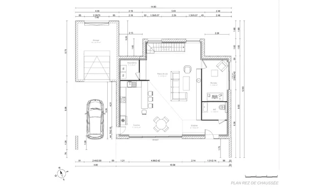 Plan 2D complet d'une maison moderne avec composition des murs, ouvrants et symboles réalisé avec Cedreo
