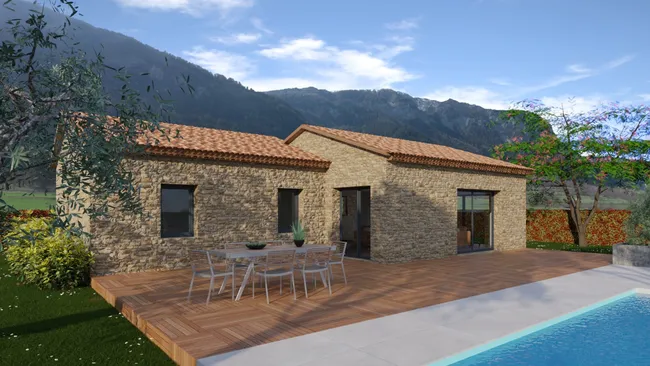 Rendu 3D d'une maison avec des toits accolés généré avec Cedreo