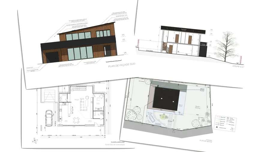 Plans réglementaires pour l'urbanisme réalisés avec Cedreo : plan de masse, plan de coupe, plan de façade