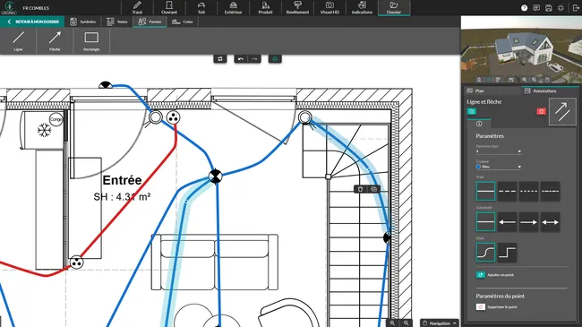 Capture d'écran ajouter des lignes courbes sur les plans électriques avec Cedreo