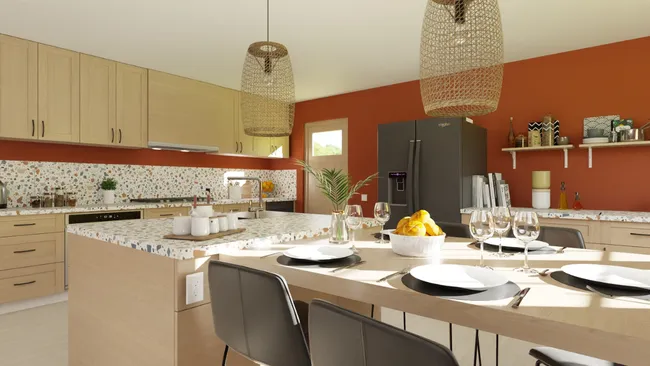 3D render of a kitchen with upgraded kitchen island by Cedreo