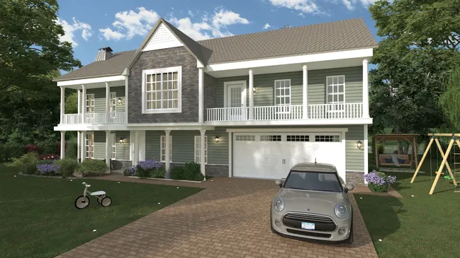 3D render of a colonial house with an addition over the garage