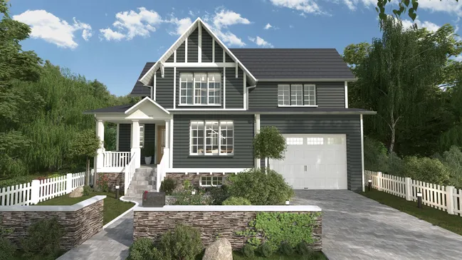 3D render of a craftsman house with an addition over the garage generated with Cedreo