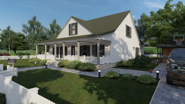 3D render of a front facade of a modern farm house by Cedreo