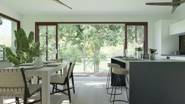 3D render of a modern house with an indoor / exterior flow by Cedreo