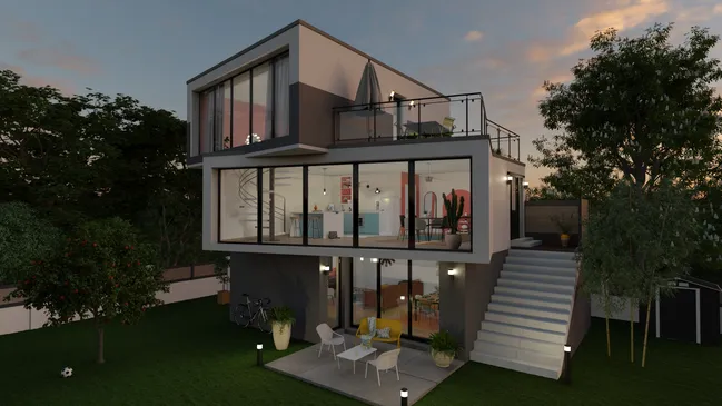 3D render by night of a modern house with geometric shapes by Cedreo