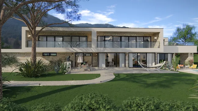 3D render of a modern house with flat roof by Cedreo