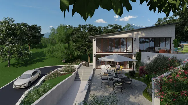 3D render of a modern house with a sloped terrain by Cedreo